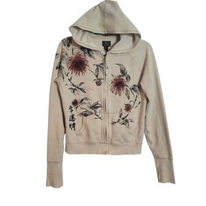 Vintage Lucky Brand Y2K Asian Floral Hoodie Sweatshirt Cream Women's Size Medium